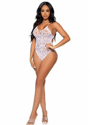 Weißer seamless scroll lace teddy von leg avenue mit zartem spitzenmuster und dünnen spaghetti-trägern