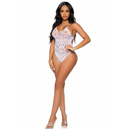 Weißer seamless scroll lace teddy von leg avenue mit zartem spitzenmuster und dünnen spaghetti-trägern