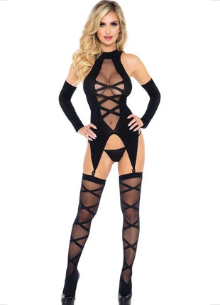 LEG AVENUE - SET 3-TEILIG KÖRPER + STRÜMPFE + RMEL - Sexy Dessous-Set