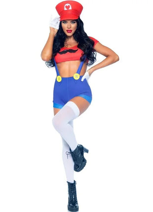 Leg Avenue Sexy Mario Bros Kostüm – Rot/Blau mit Crop Top & Shorts - S - Kostüme