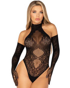 LEG AVENUE - 89363 BODYSUIT MIT OFFENEM RÜCKEN + EXTRA LANGE HANDSCHUHE-SET - EINE GRÖSSE