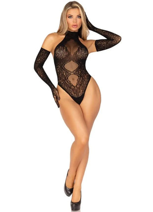 LEG AVENUE - 89363 BODYSUIT MIT OFFENEM RÜCKEN + EXTRA LANGE HANDSCHUHE-SET - EINE GRÖSSE