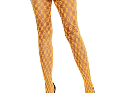 Neon orange spitzenstrumpfhosen von leg avenue mit gelbem fischernetz und diamantmuster aus mesh