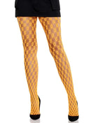 Neon orange spitzenstrumpfhosen von leg avenue mit gelbem fischernetz und diamantmuster aus mesh