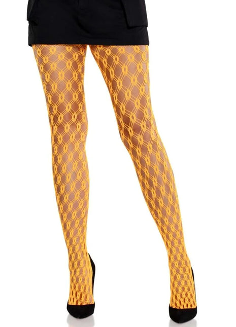Neon orange spitzenstrumpfhosen von leg avenue mit gelbem fischernetz und diamantmuster aus mesh