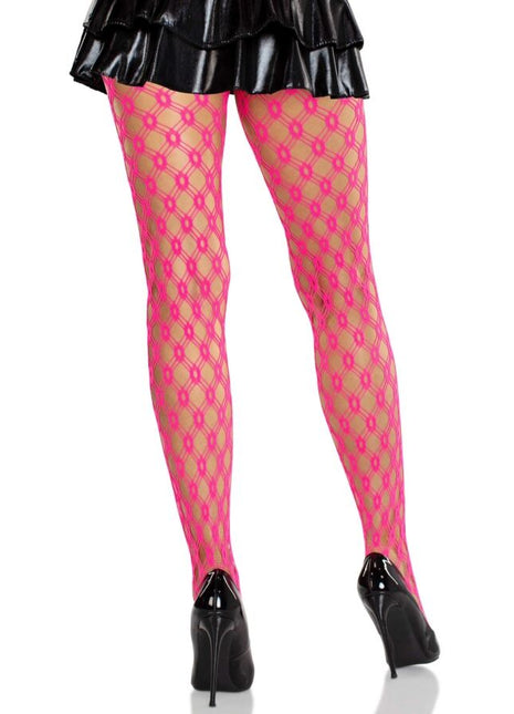 Neonpink spitzenstrumpfhosen von leg avenue mit diamantnetz und angesagtem fischgrätmuster