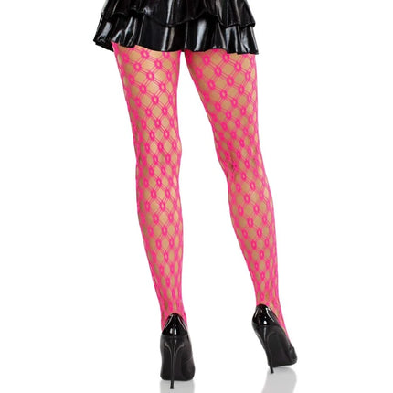 Neonpink spitzenstrumpfhosen von leg avenue mit diamantnetz und angesagtem fischgrätmuster