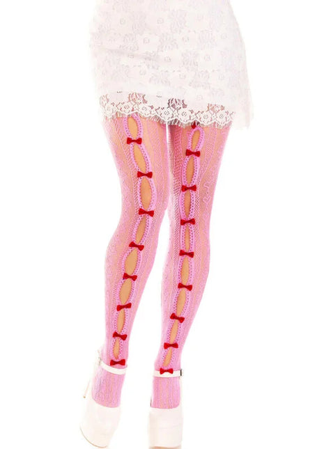 Leg avenue strümpfe mit öffnungen in weiß aus gestricktem material mit pinken strumpfhosen und roten schleifen entlang der beine