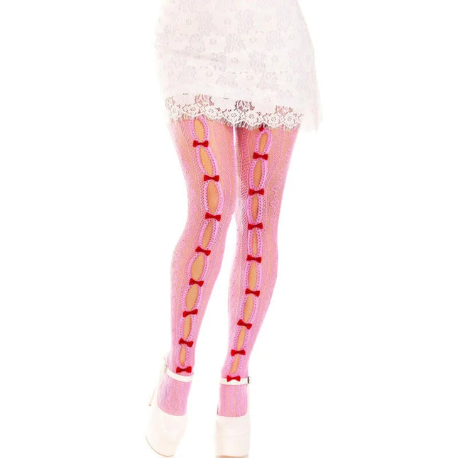 Leg avenue strümpfe mit öffnungen in weiß aus gestricktem material mit pinken strumpfhosen und roten schleifen entlang der beine