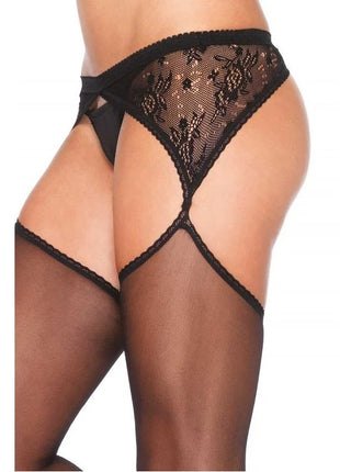 Schwarzer leg avenue strapsgürtel aus spitze mit floralem muster und transparenten mesh-trägern