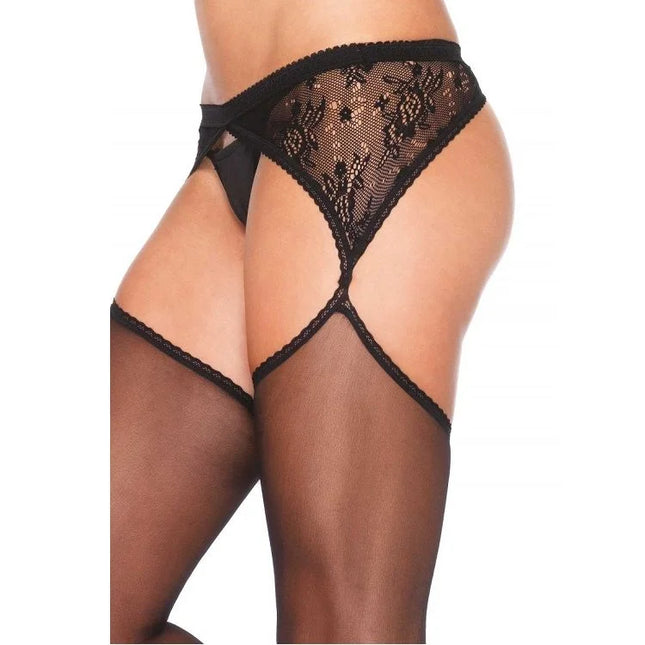 Schwarzer leg avenue strapsgürtel aus spitze mit floralem muster und transparenten mesh-trägern
