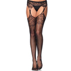 Leg avenue schwarze strapsgürtel strümpfe aus spitze mit netzstruktur und floralen mustern entlang der beine