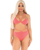 Leg avenue coralfarbener transparenter mesh zweiteiler mit trägertop und hoch tailliertem bottom mit cutouts