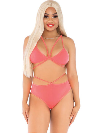 Leg avenue coralfarbener transparenter mesh zweiteiler mit trägertop und hoch tailliertem bottom mit cutouts