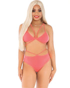 Leg avenue coralfarbener transparenter mesh zweiteiler mit trägertop und hoch tailliertem bottom mit cutouts