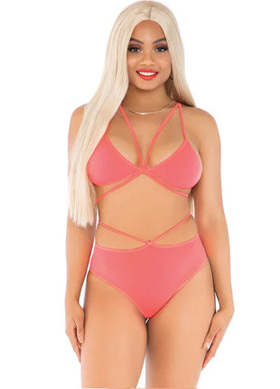 Leg avenue coralfarbener transparenter mesh zweiteiler mit trägertop und hoch tailliertem bottom mit cutouts