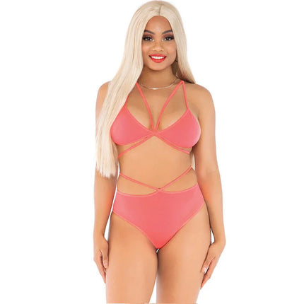 Leg avenue coralfarbener transparenter mesh zweiteiler mit trägertop und hoch tailliertem bottom mit cutouts