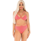 Leg avenue coralfarbener transparenter mesh zweiteiler mit trägertop und hoch tailliertem bottom mit cutouts