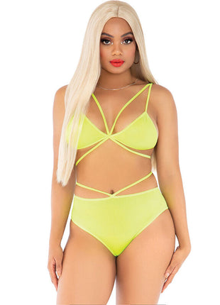 Neon gelbes strappy bikini set von leg avenue mit überkreuztem oberteil und hoch taillierten höschen