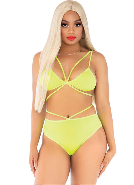 Neon gelbes strappy bikini set von leg avenue mit überkreuztem oberteil und hoch taillierten höschen
