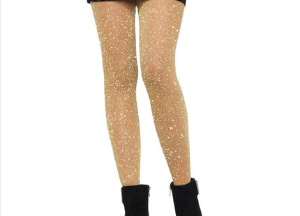 Leg Avenue transparente strumpfhose golden mit goldglitter in kombination mit schwarzen samtshorts und ankle boots