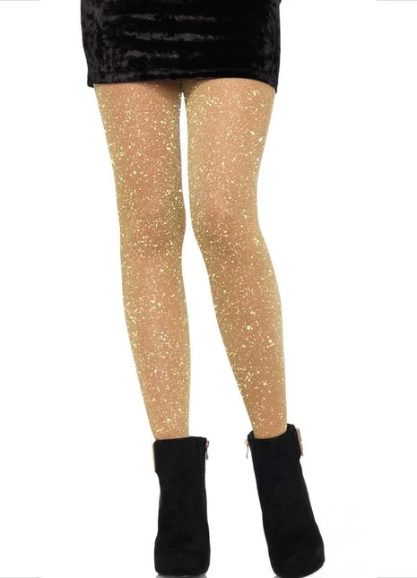 Leg Avenue transparente strumpfhose golden mit goldglitter in kombination mit schwarzen samtshorts und ankle boots