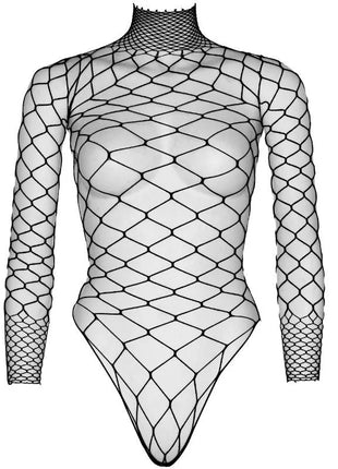 Schwarzer langärmliger turtleneck fishnet teddy aus netzmaterial von leg avenue eine größe