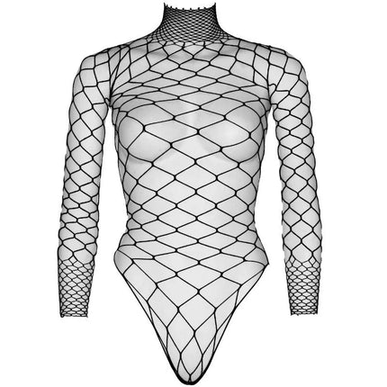 Schwarzer langärmliger turtleneck fishnet teddy aus netzmaterial von leg avenue eine größe