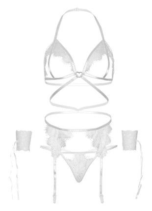LEG AVENUE - VIERTEILIGES SET BH G-STRING STRUMPFGÜRTEL UND HANDGELENKMANSCHETTEN EINE GRÖSSE - SCHWARZ - Sexy