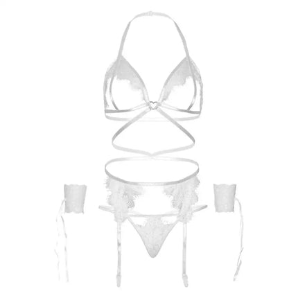 LEG AVENUE - VIERTEILIGES SET BH G-STRING STRUMPFGÜRTEL UND HANDGELENKMANSCHETTEN EINE GRÖSSE - SCHWARZ - Sexy