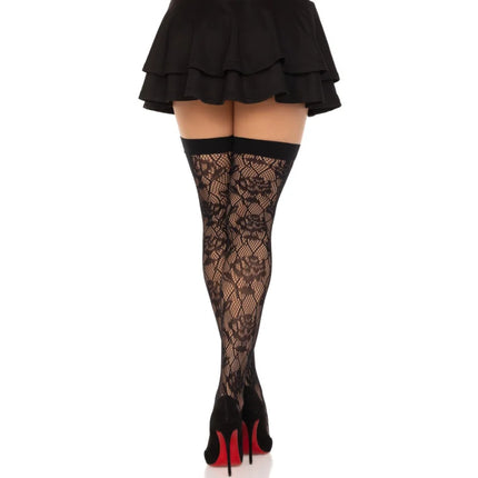 LEG AVENUE - WILD ROSES NET STOCKS SCHWARZ - Halterlose Strümpfe