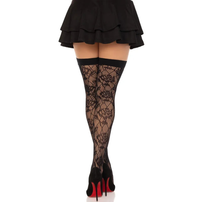 LEG AVENUE - WILD ROSES NET STOCKS SCHWARZ - Halterlose Strümpfe
