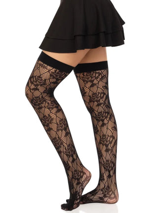 LEG AVENUE - WILD ROSES NET STOCKS SCHWARZ - Halterlose Strümpfe