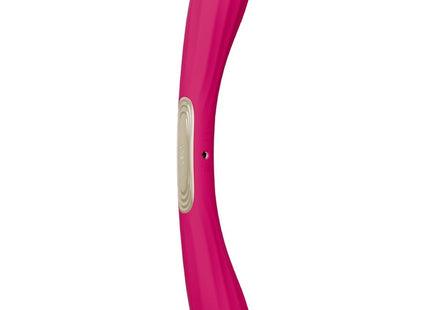 Ein eleganter, pinkfarbener lelo boomerang doppelender vibrator mit glatter glänzender oberfläche und beigem bedienfeld