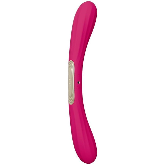 Ein eleganter, pinkfarbener lelo boomerang doppelender vibrator mit glatter glänzender oberfläche und beigem bedienfeld