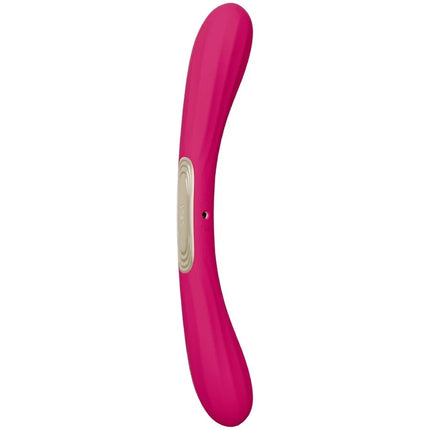 Ein eleganter, pinkfarbener lelo boomerang doppelender vibrator mit glatter glänzender oberfläche und beigem bedienfeld
