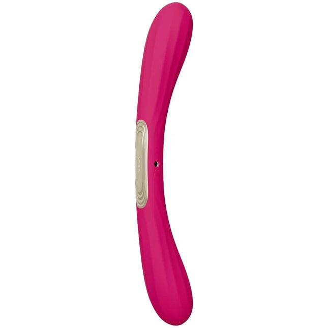 Ein eleganter, pinkfarbener lelo boomerang doppelender vibrator mit glatter glänzender oberfläche und beigem bedienfeld