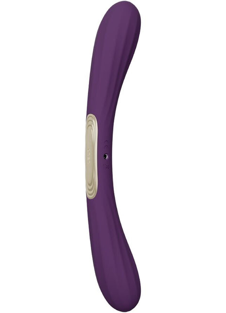 Lelo boomerang doppellender vibrator lila aus silikon mit beigem kreisförmigem bedienfeld und gebogener form