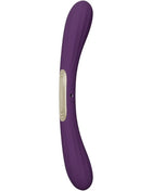 Lelo boomerang doppellender vibrator lila aus silikon mit beigem kreisförmigem bedienfeld und gebogener form