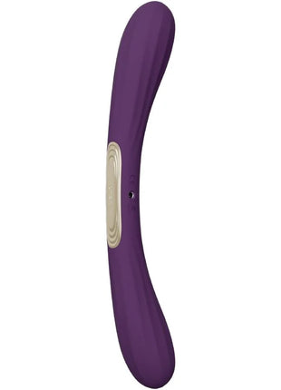 Lelo boomerang doppellender vibrator lila aus silikon mit beigem kreisförmigem bedienfeld und gebogener form