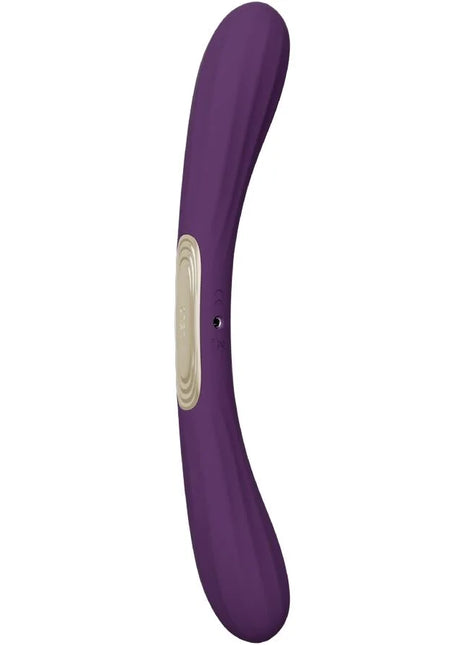 Lelo boomerang doppellender vibrator lila aus silikon mit beigem kreisförmigem bedienfeld und gebogener form