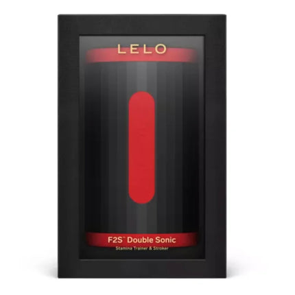 Lelo f2s double sonic masturbator in roter farbe mit dualer schallstimulation in schwarzer verpackung