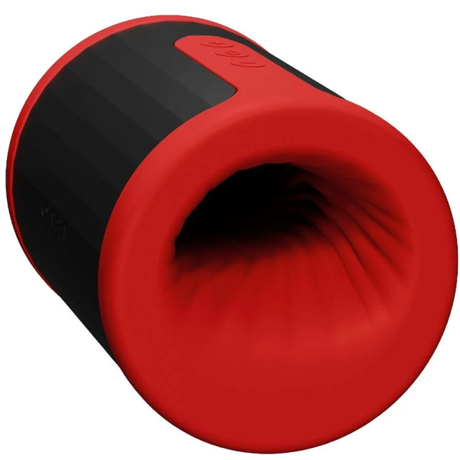 Roter und schwarzer zylindrischer lelo f2stm männlicher masturbator mit funktion love bridge und strukturiertem griffbereich
