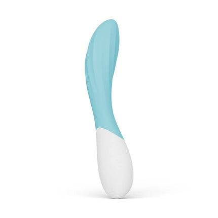 Mona twist app-gesteuerter g-punkt-vibrator in lavendel mit schlankem, hellblau-weißem silikon und geschwungener form