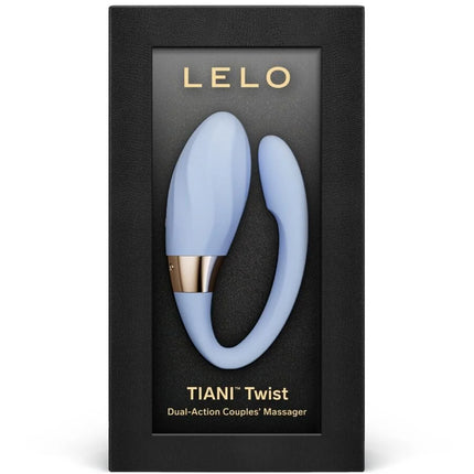 Hellblauer lelo tiani twist dual-action paar vibrator mit goldfarbenem akzentband aus schaumstoff