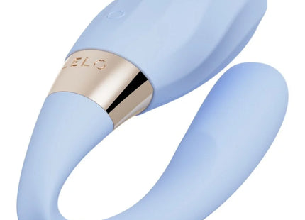 Leichtblauer silikon-tiani twist couples vibrator schaum mit goldfarbenem metallband und lelo gravur
