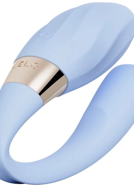 Leichtblauer silikon-tiani twist couples vibrator schaum mit goldfarbenem metallband und lelo gravur