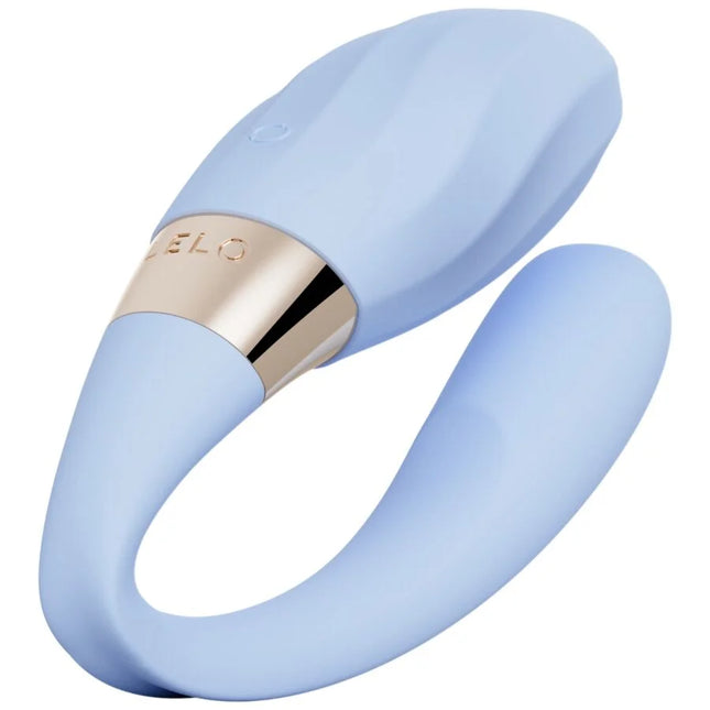 Leichtblauer silikon-tiani twist couples vibrator schaum mit goldfarbenem metallband und lelo gravur