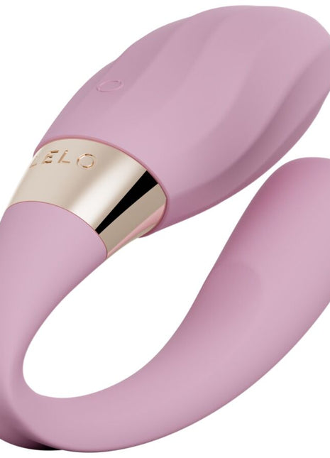 Pink silikon paarvibrator mit goldfarbenem metallband und der eingravierten marke elo von LELO TIANI TWIST