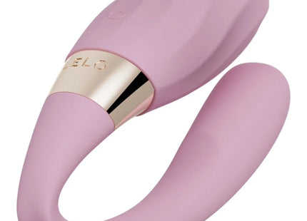 Pink silikon paarvibrator mit goldfarbenem metallband und der eingravierten marke elo von LELO TIANI TWIST